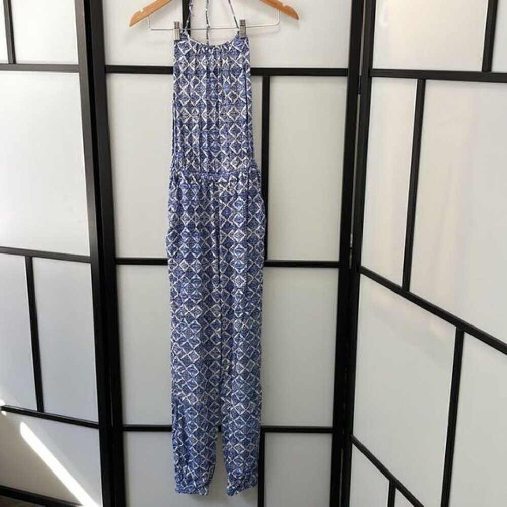 Halter Tie Top Blue & White Diamond Print Romper w Pockets  Forever 21
